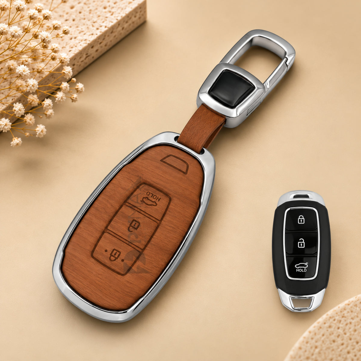 Hyundai Verna Kona Electric 3D Wood Key Cover with Keychain