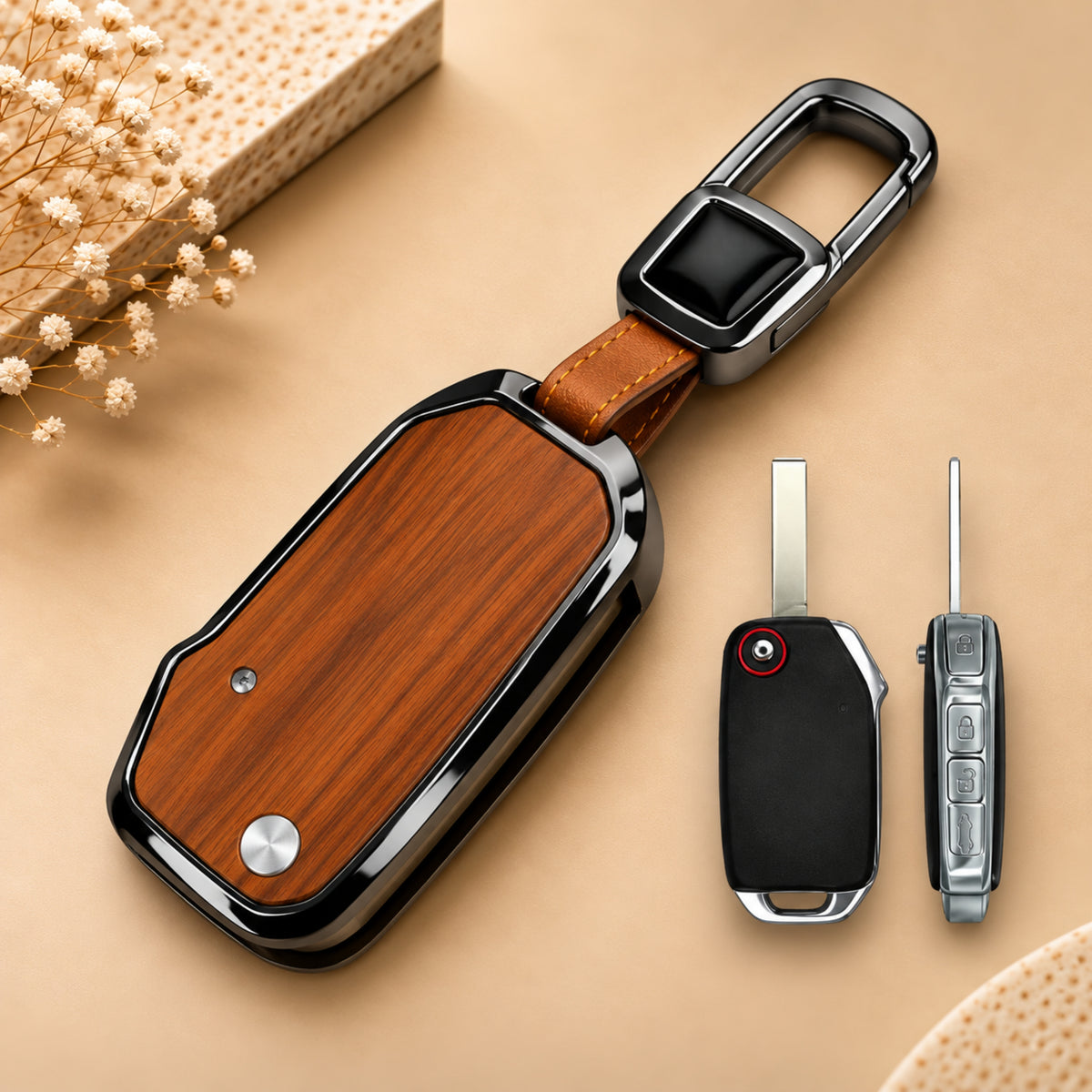 Kia Carens Sonet 3D Wood Key Cover with Keychain