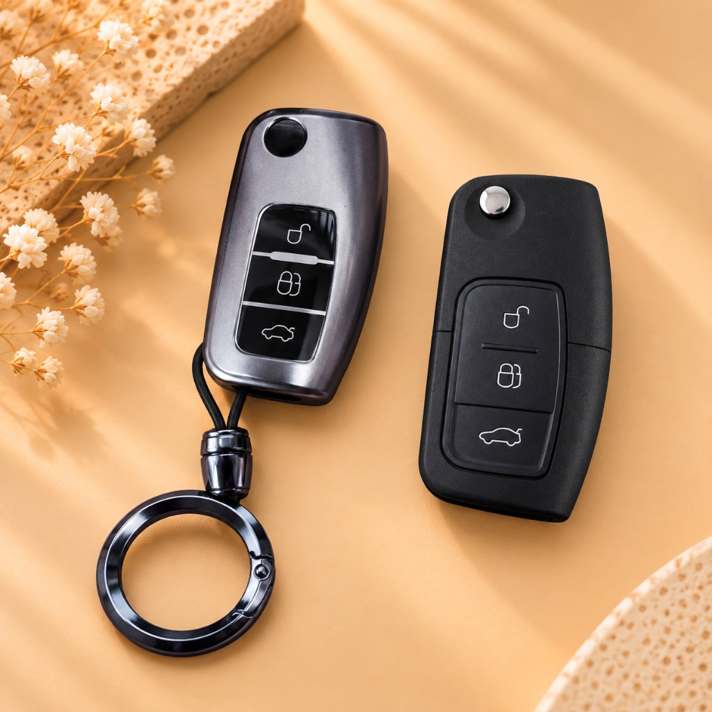 Ford Old Ecosport Fiesta Figo Grey TPU Key Cover with Keychain