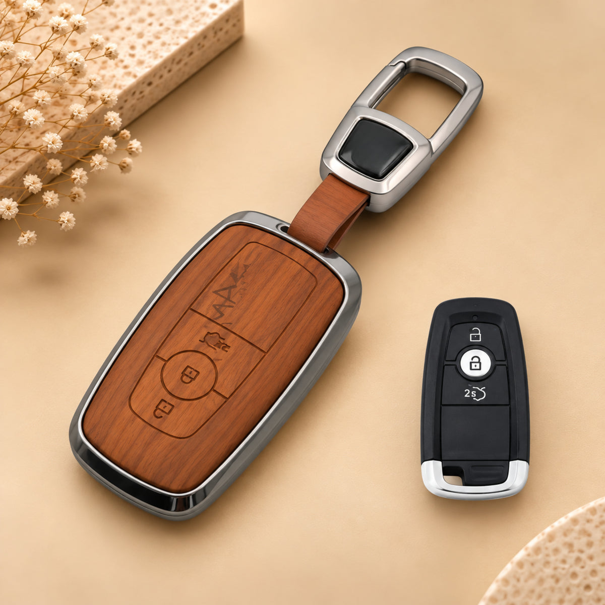 Ford Endeavour Freestyle 3D Wood Key Cover with Keychain