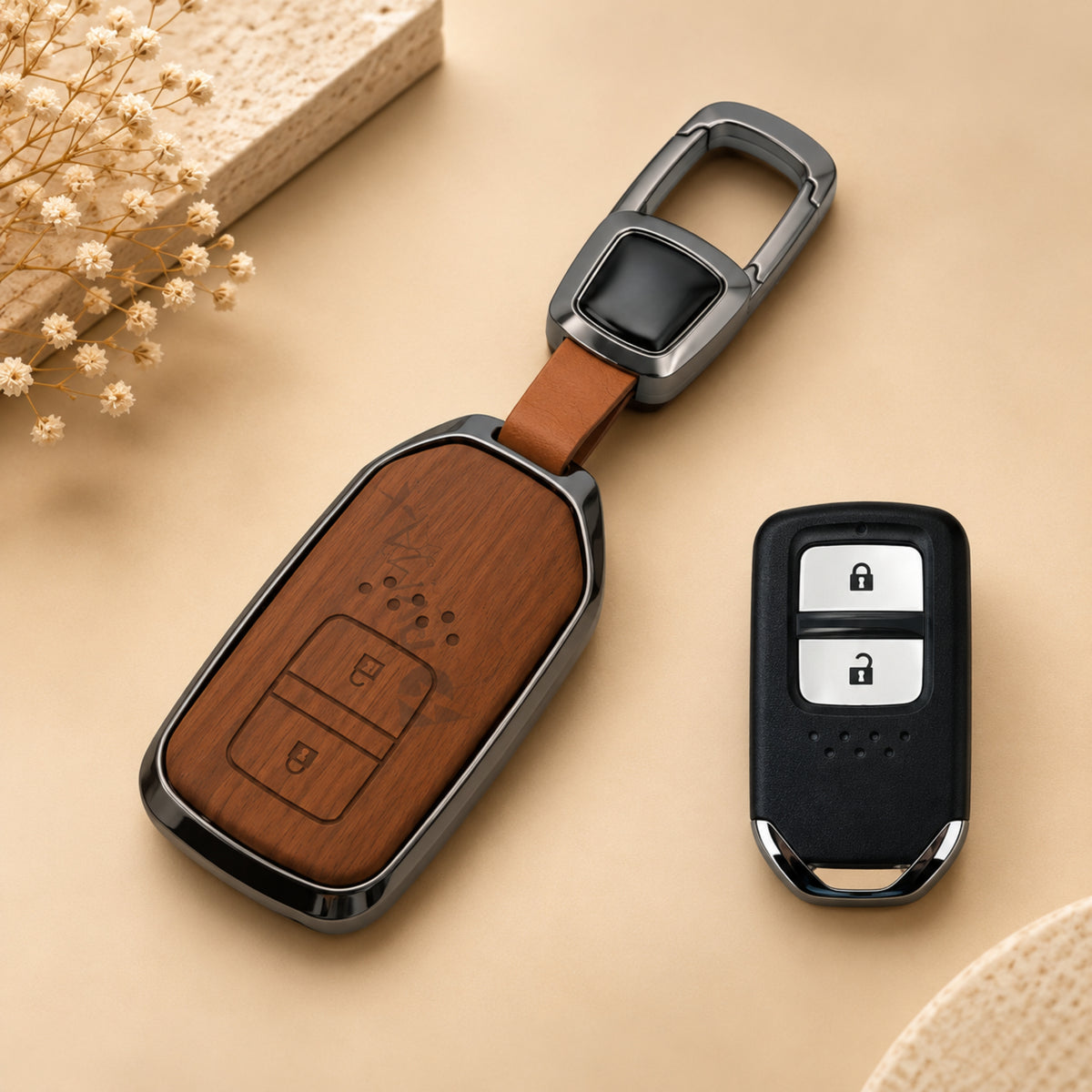 Honda WRV BRV Jazz 3D Wood Key Cover with Keychain