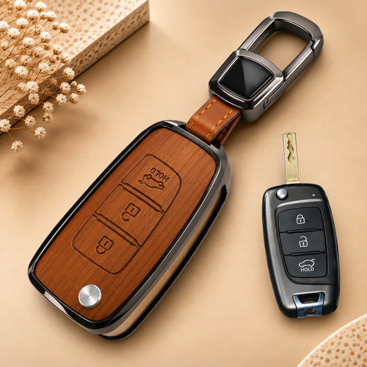 Hyundai Verna Kona Electric 3D Wood Key Cover with Keychain V2