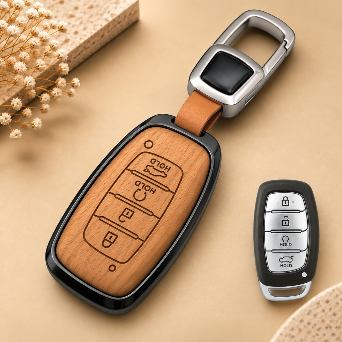Hyundai New Creta Alcazar 3D Wood Key Cover with Keychain