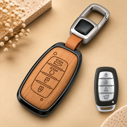 Hyundai New Creta Alcazar 3D Wood Key Cover with Keychain