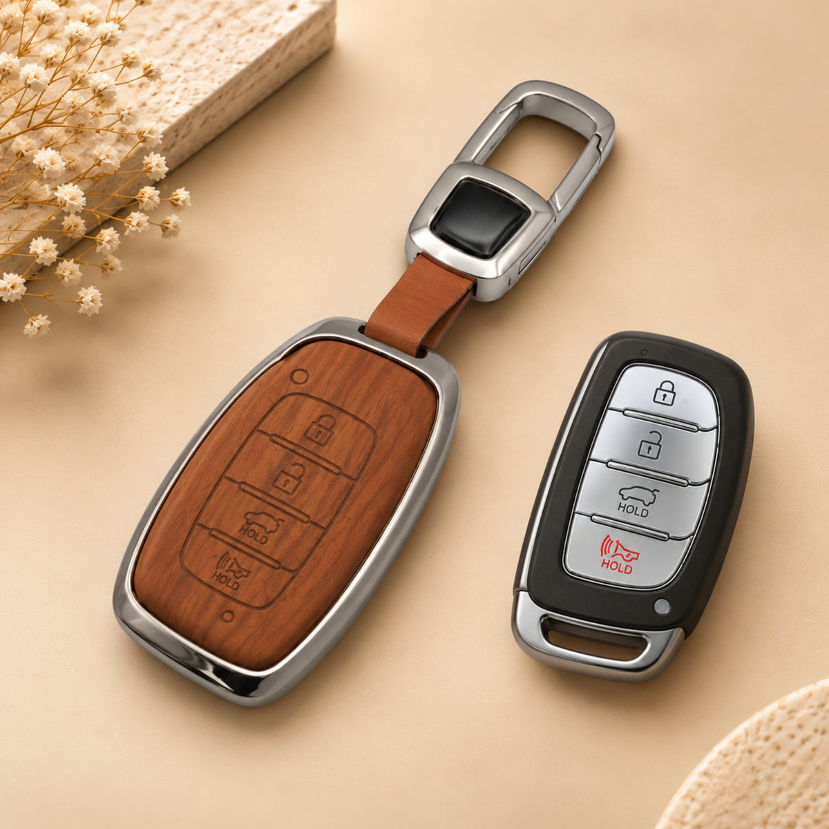 Hyundai Creta Elantra i20 2021 Tucson Venue 3D Wood Key Cover with Keychain