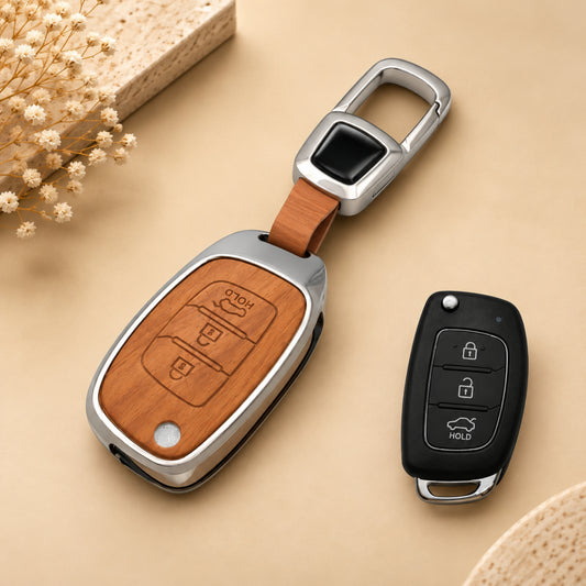 Hyundai Aura Creta Elantra i10 Grand i20 Tucson Verna 3D Wood Key Cover with Keychain