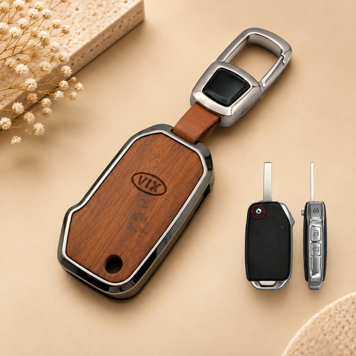 Kia New Seltos Syros 3D Wood Key Cover with Keychain