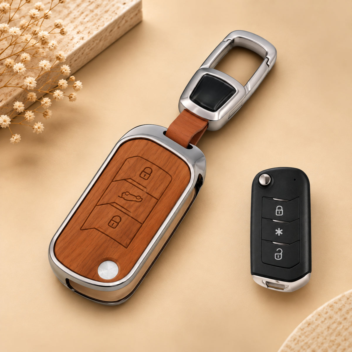 Mahindra Bolero Marazzo Scorpio Thar TUV300 Plus 3D Wood Key Cover with Keychain
